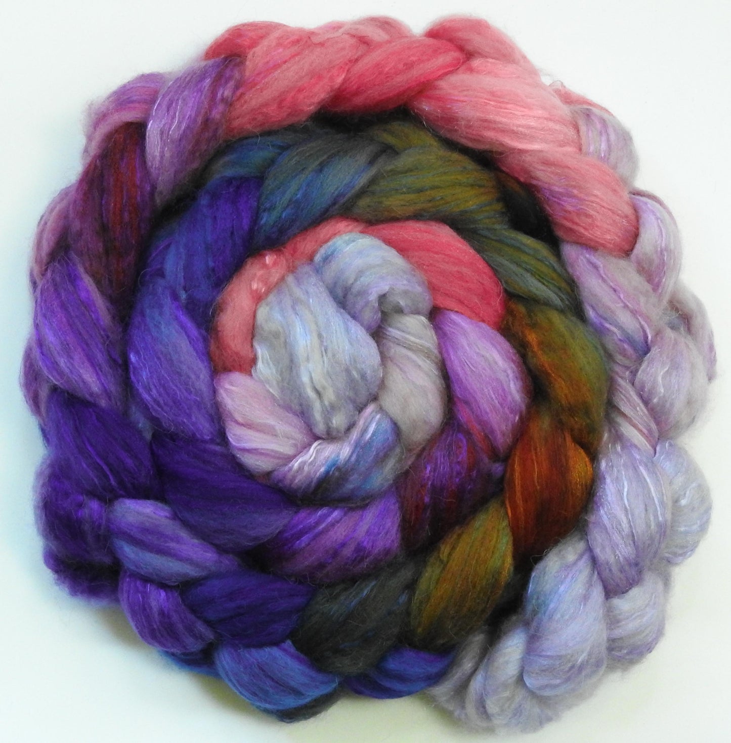 Cherry Blossoms @ Night (5.7 oz)- Batt in a Braid #5- Merino/ Camel/ silk/ faux cashmere/ firestar (25/25/25/12/12)