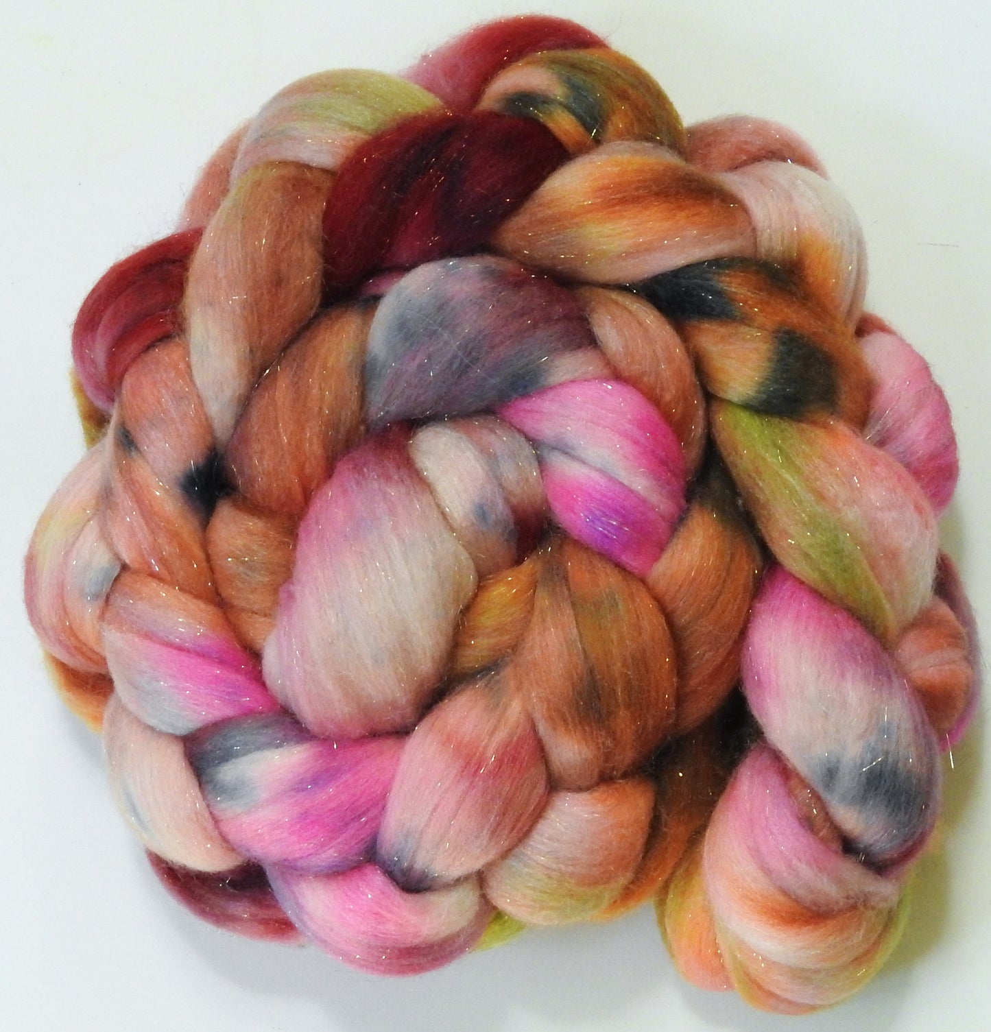 Moscato-(5.7 oz)  Batt in a Braid #58-Superfine Merino/ Tussah silk/ Gold Stellina(65/25/10)