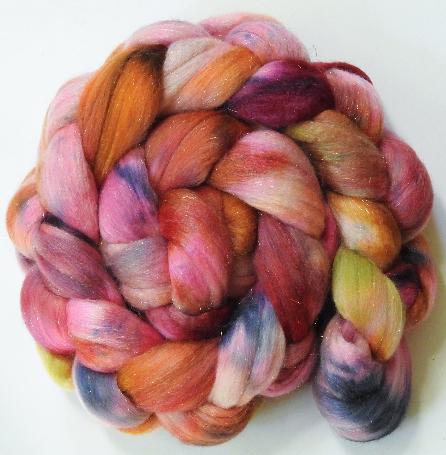 Moscato-(5.7 oz)  Batt in a Braid #58-Superfine Merino/ Tussah silk/ Gold Stellina(65/25/10)