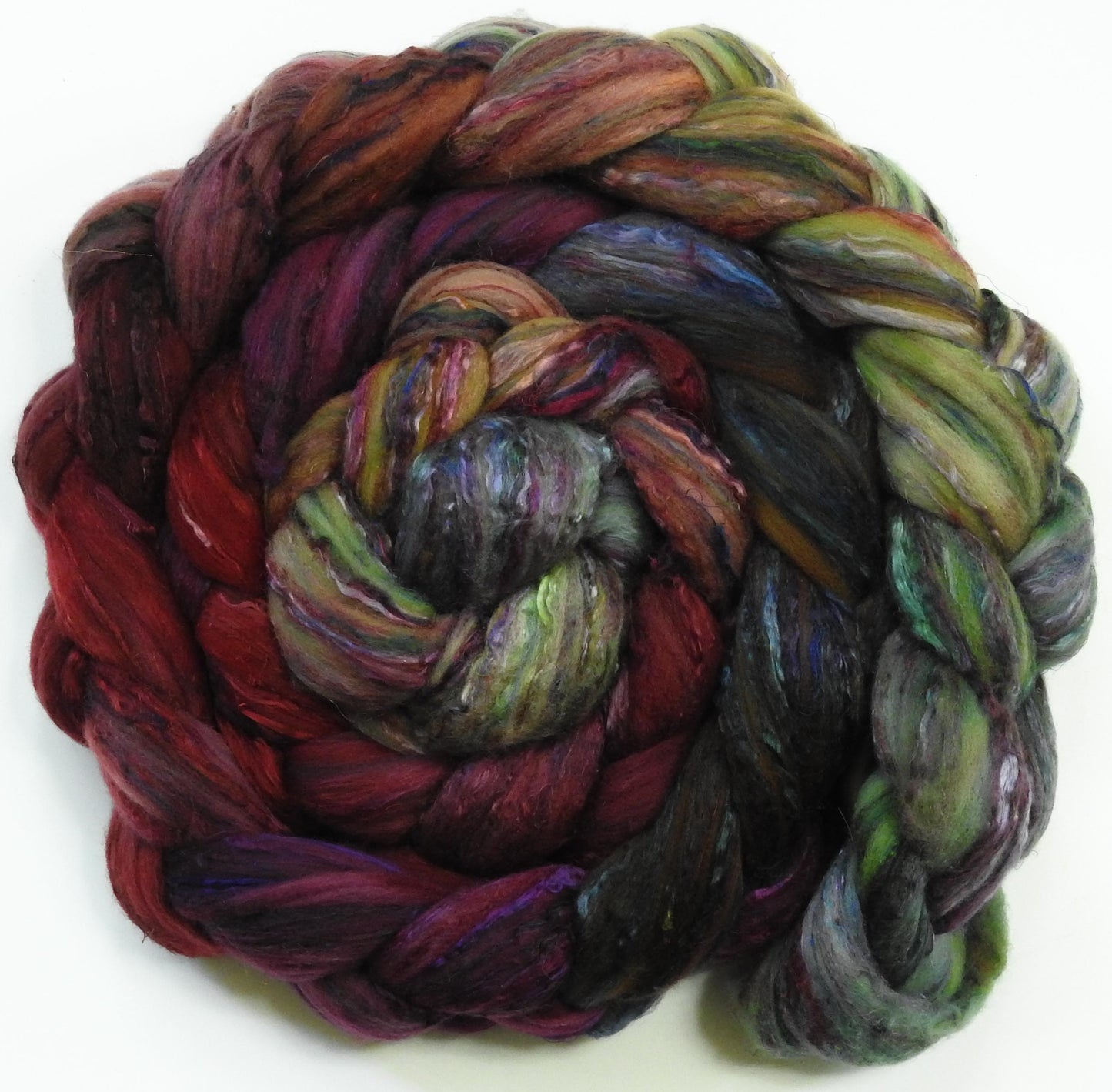 Icelandic Poppies-Batt in a Braid #39 (5.9 oz)- Falkland Merino/ Mulberry Silk / Sari Silk (50/25/25)