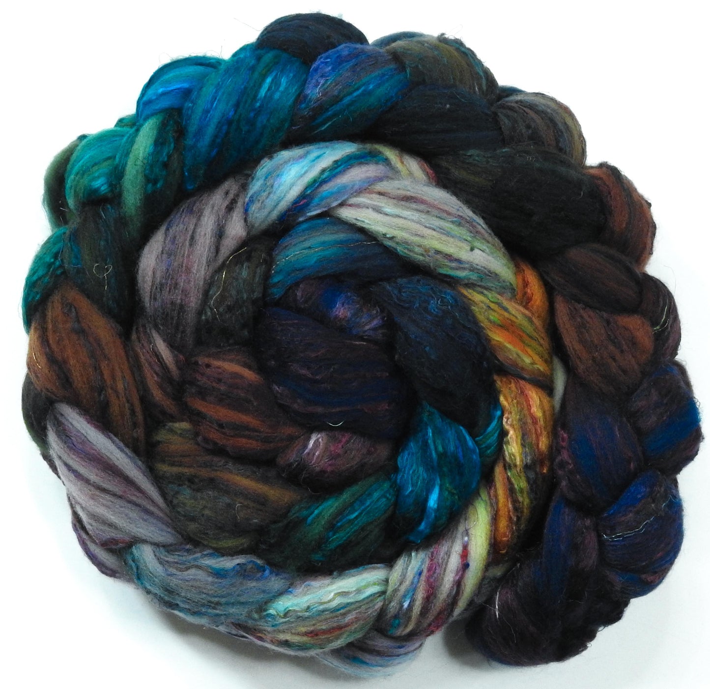 Selkie-Batt in a Braid #39 (5.9 oz)- Falkland Merino/ Mulberry Silk / Sari Silk (50/25/25)