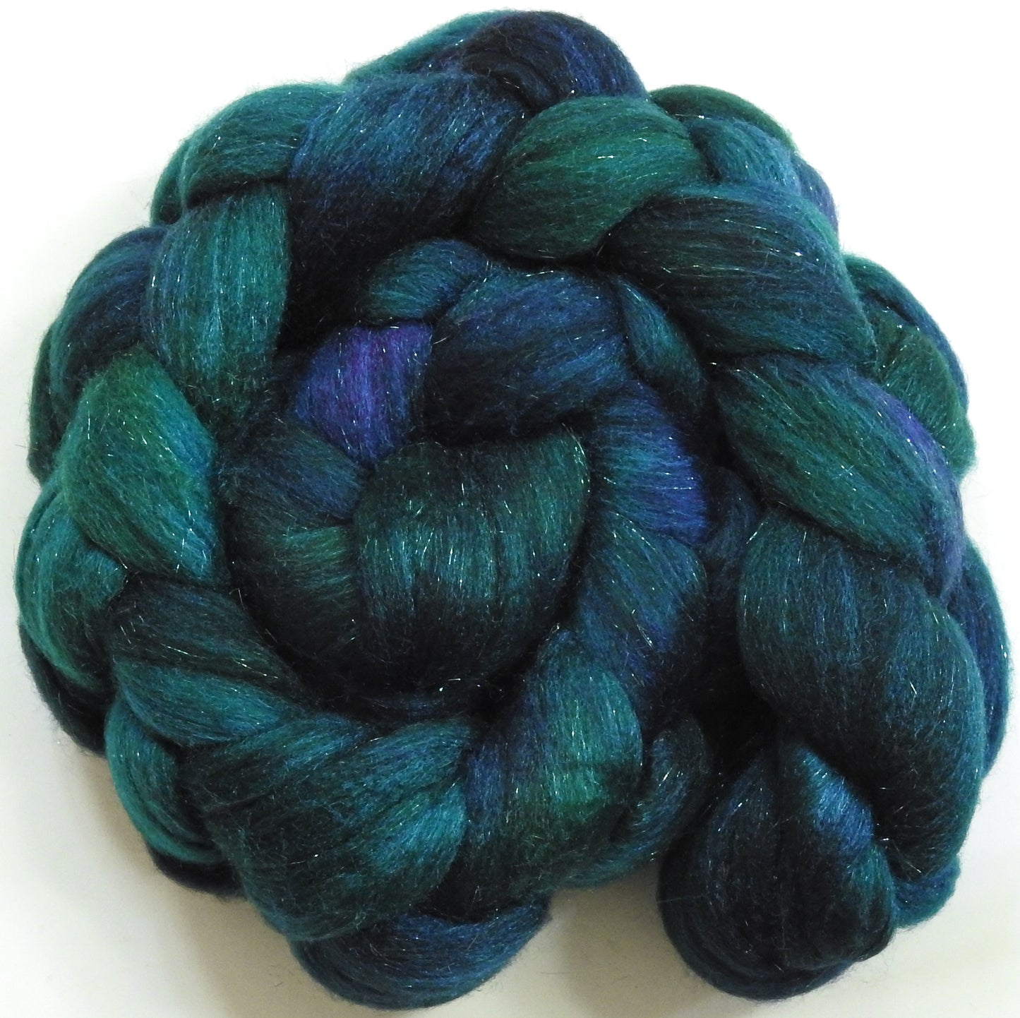 Mariana Trench-(5.6 oz)  Batt in a Braid #58-Superfine Merino/ Tussah silk/ Gold Stellina(65/25/10)