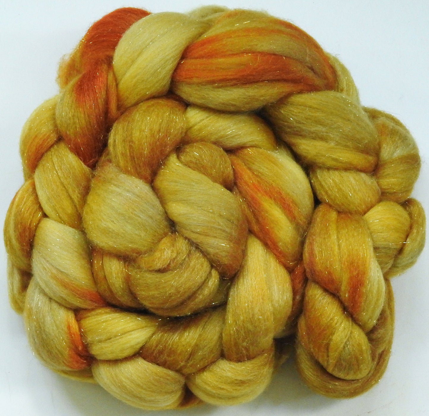 Golden Hour-(5.5 oz)  Batt in a Braid #58-Superfine Merino/ Tussah silk/ Gold Stellina(65/25/10)