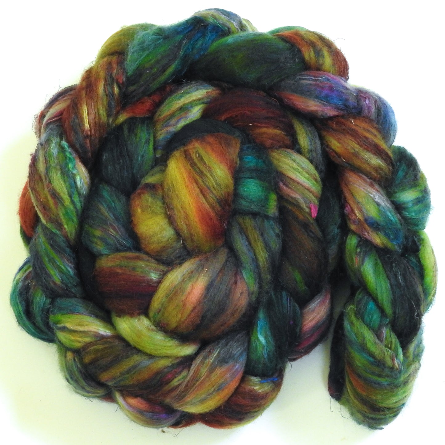 Caladium-(5.8 oz) Batt in a Braid #39 - Merino/ Mulberry Silk / Sari Silk (50/25/25)