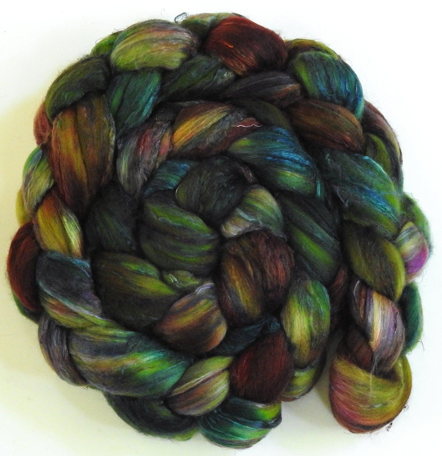 Caladium-(5.8 oz) Batt in a Braid #39 - Merino/ Mulberry Silk / Sari Silk (50/25/25)