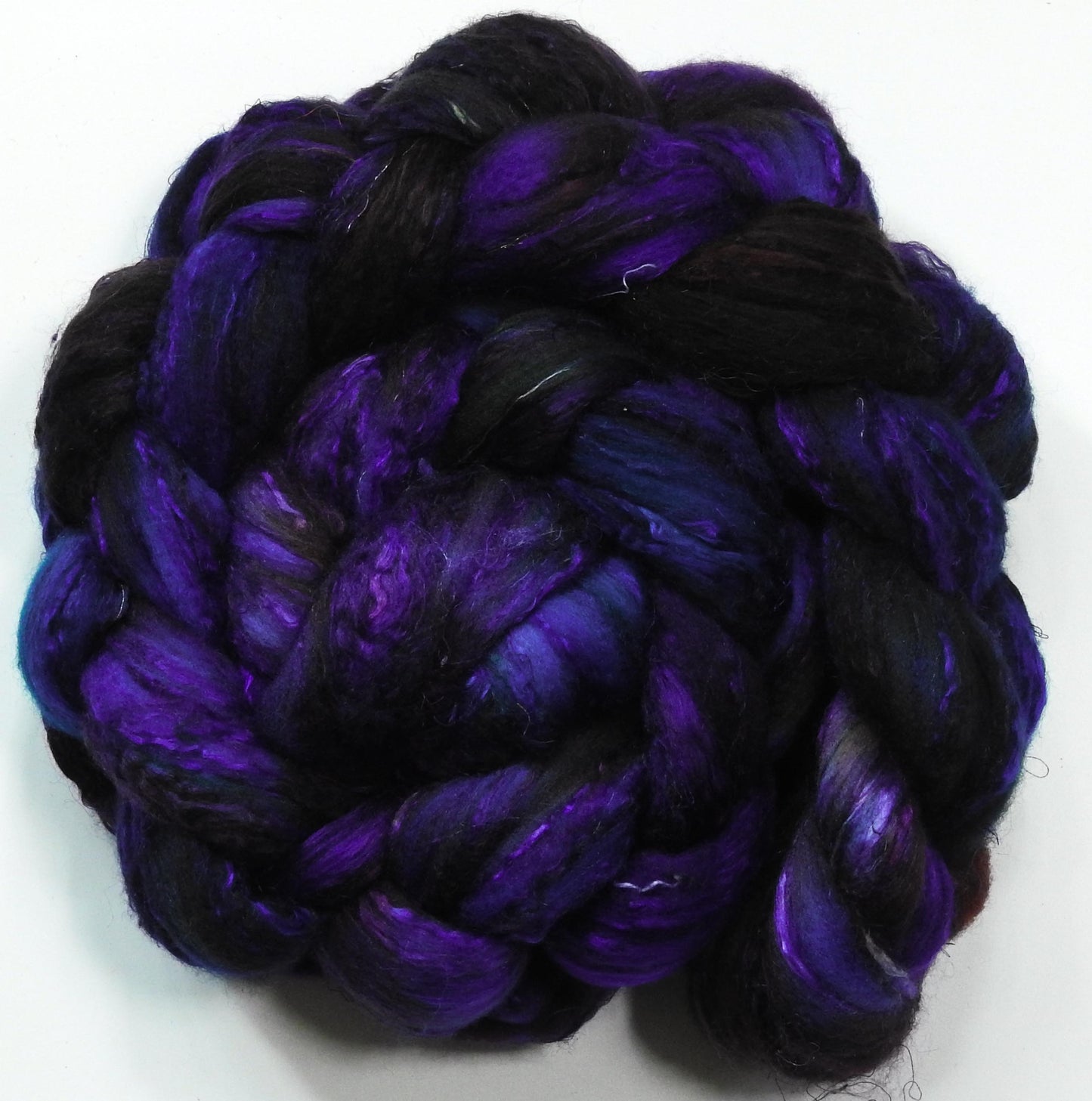 Nightfall- Fusion Series (3.4 oz) -Batt in a Braid #39- Falkland Merino/ Mulberry Silk / Sari Silk (50/25/25)