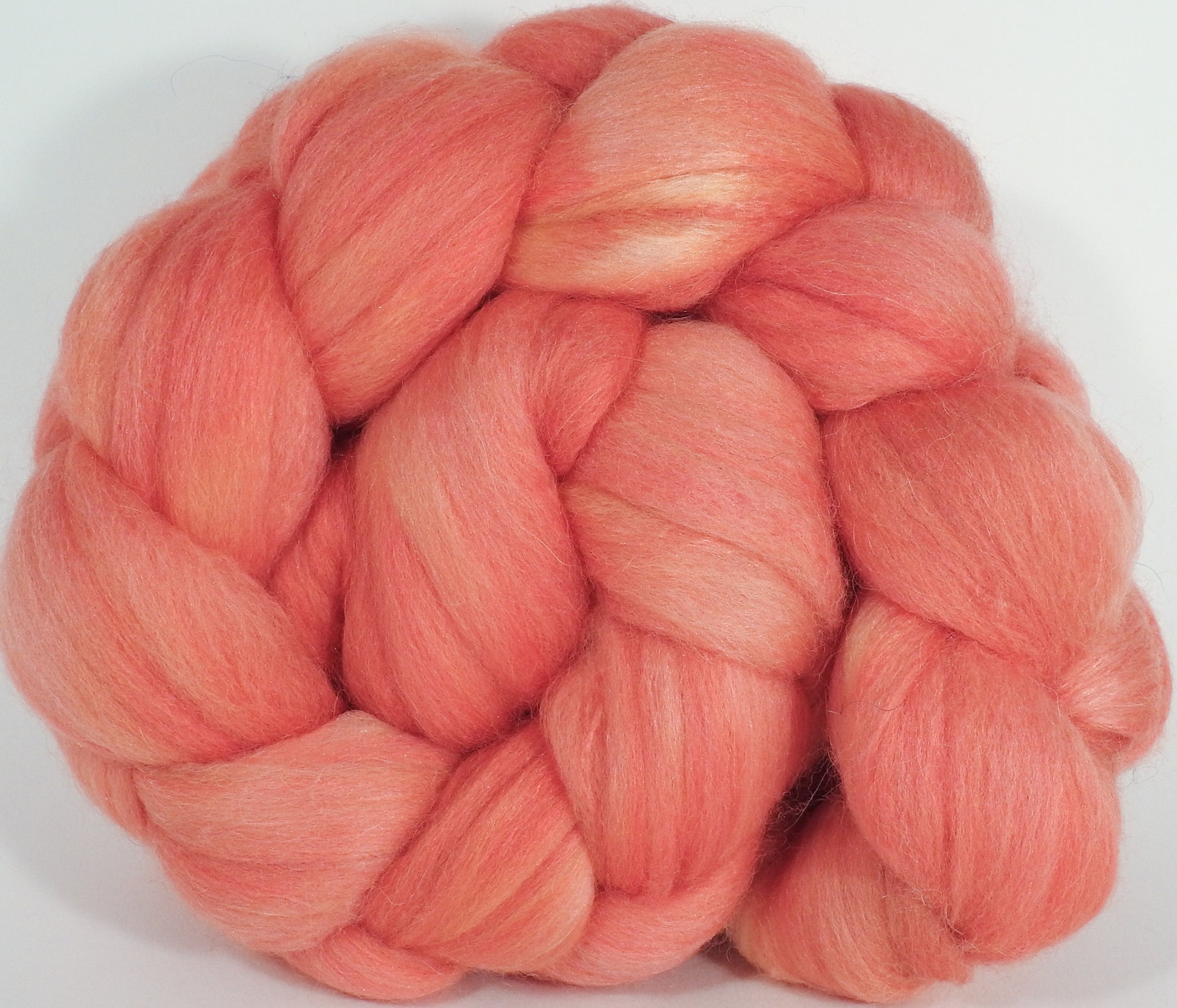Batt in a Braid #25-Flamingo- 4.8 oz.- De-haired Llama/ Polwarth/ Mulberry Silk (33/33/33 ) - Inglenook Fibers