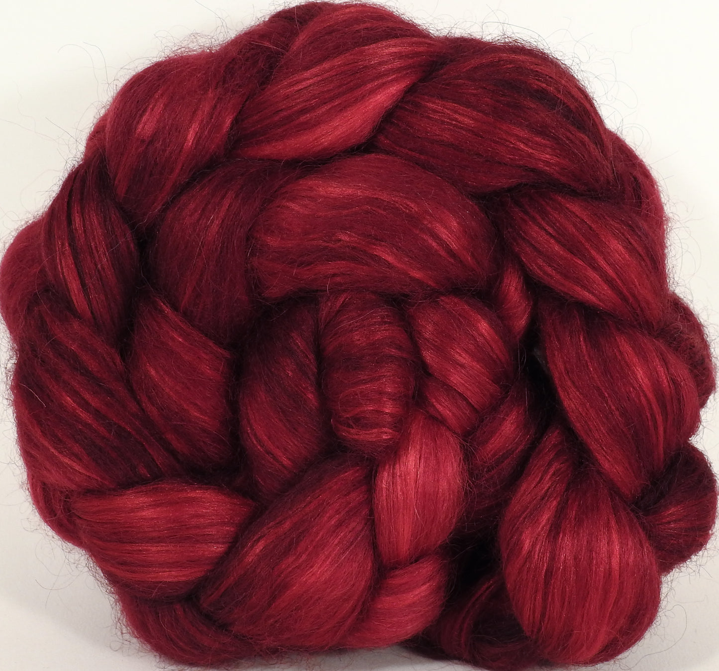 Hand-dyed wensleydale/ mulberry silk roving ( 65/35)-Crimson- ( 6 oz.) - Inglenook Fibers
