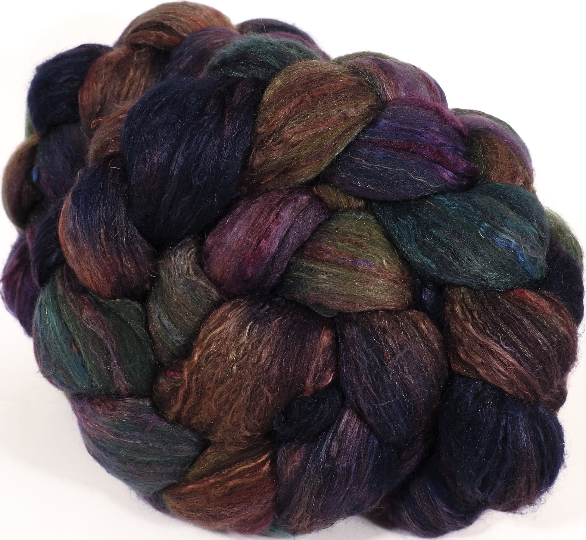 Batt in a Braid #39-SARI-19-(4.55 oz.)Falkland Merino/ Mulberry Silk / Sari Silk (50/25/25) - Inglenook Fibers