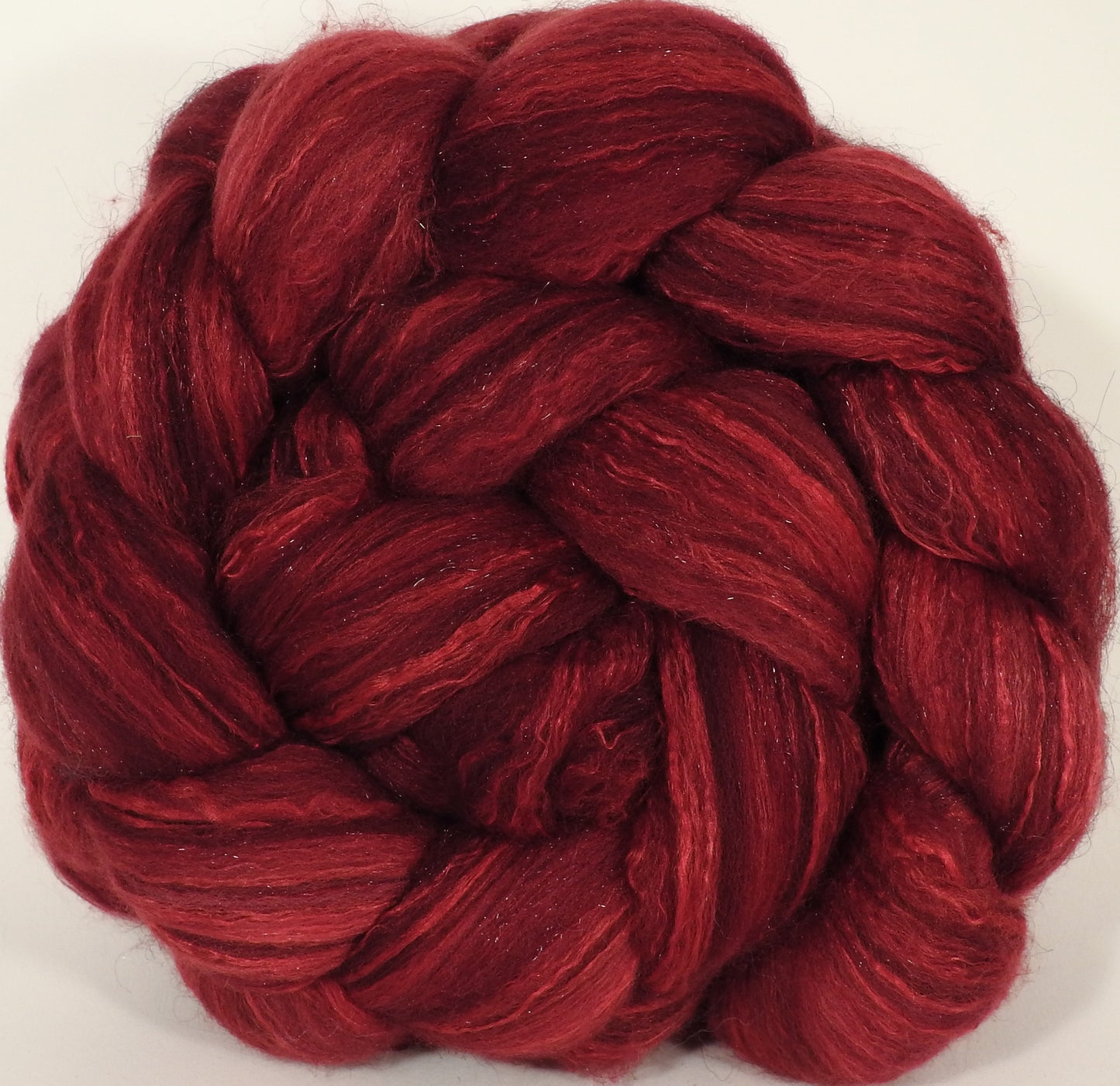 Batt in a Braid #7 -Crimson-(6.4 oz.) Polwarth/ Manx / Mulberry silk/ Firestar (30/30/30/10) - Inglenook Fibers