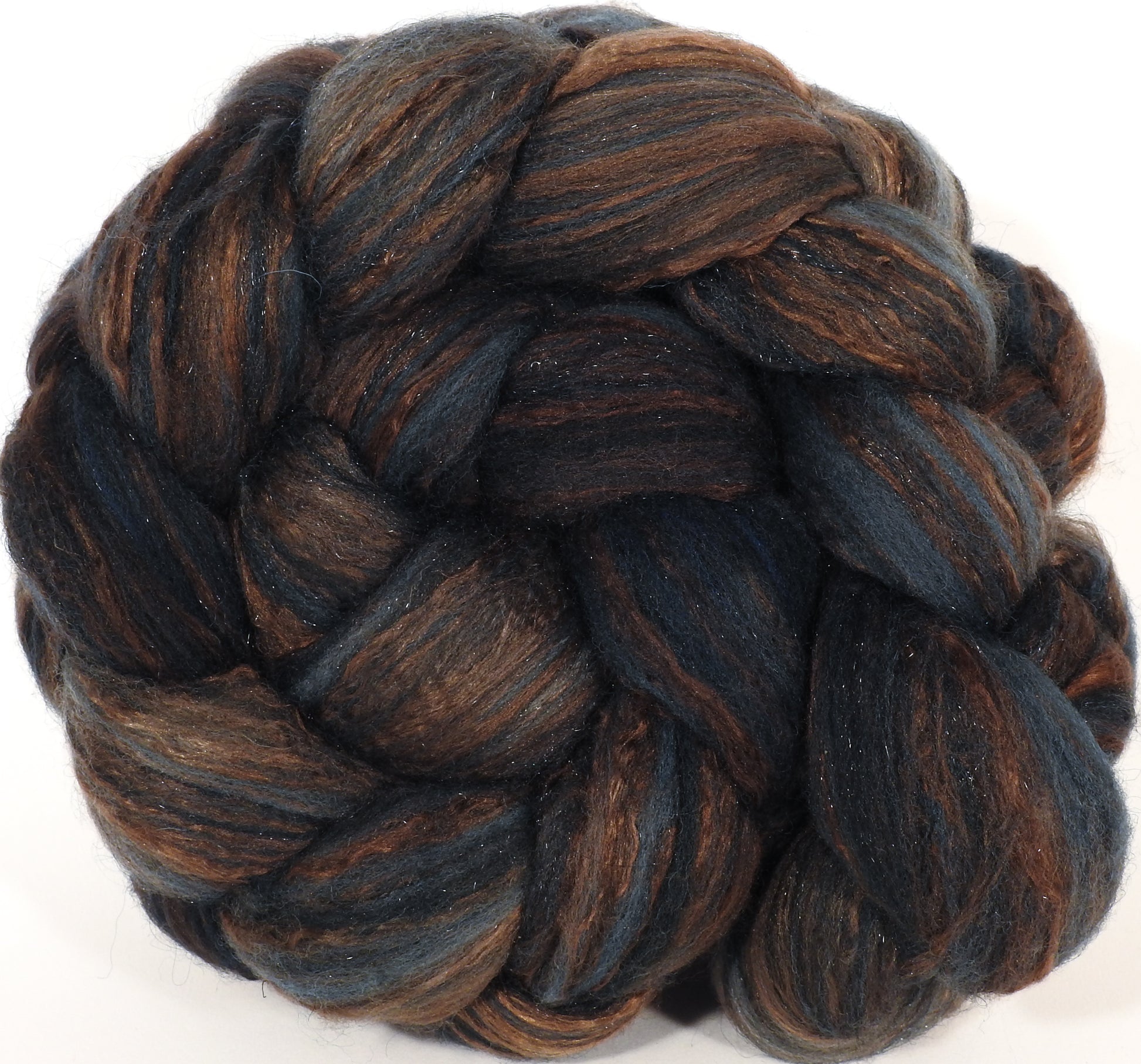 Batt in a Braid #7- Soot -(5.8 oz.) Polwarth/ Manx / Mulberry silk/ Firestar (30/30/30/10) - Inglenook Fibers