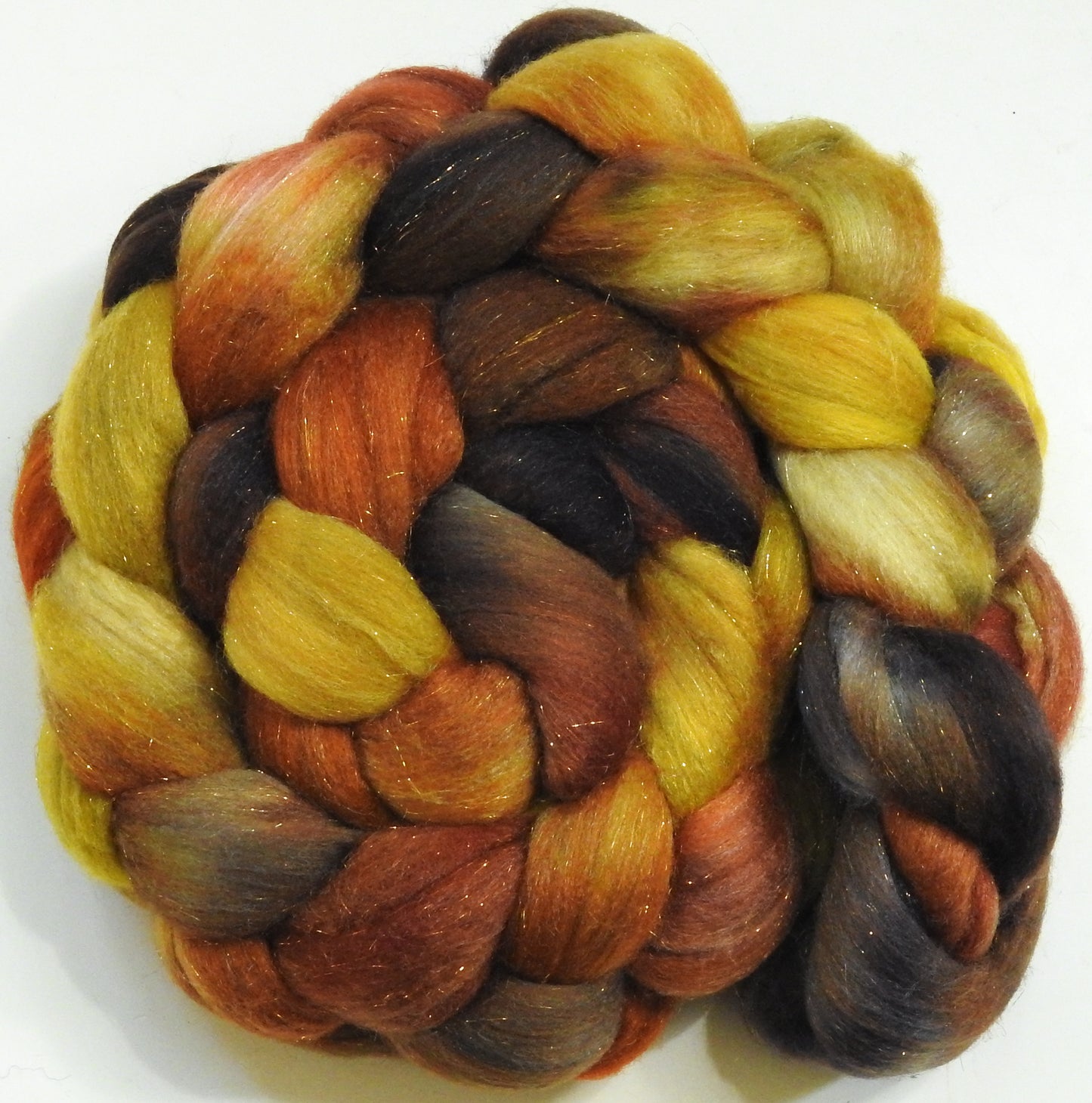 Beechnut-(5.6 oz)  Batt in a Braid #58-Superfine Merino/ Tussah silk/ Gold Stellina(65/25/10)