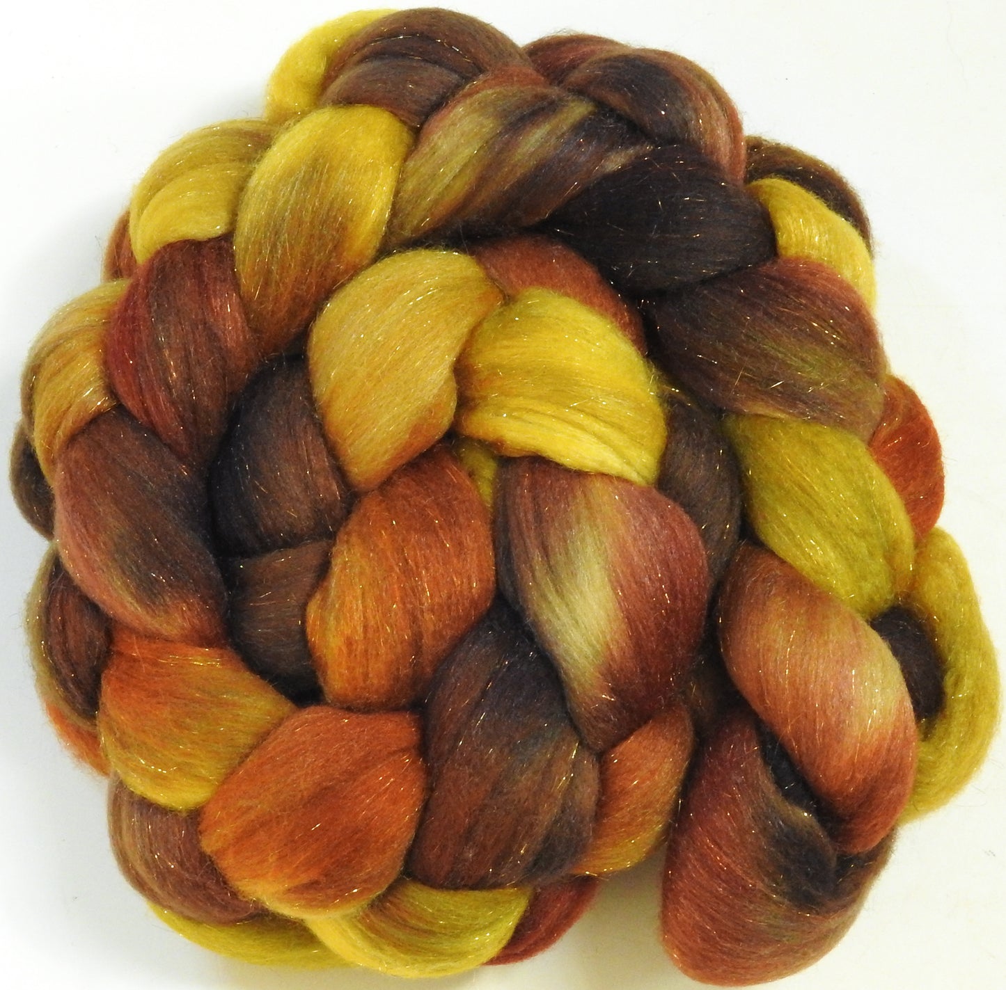 Beechnut-(5.6 oz)  Batt in a Braid #58-Superfine Merino/ Tussah silk/ Gold Stellina(65/25/10)