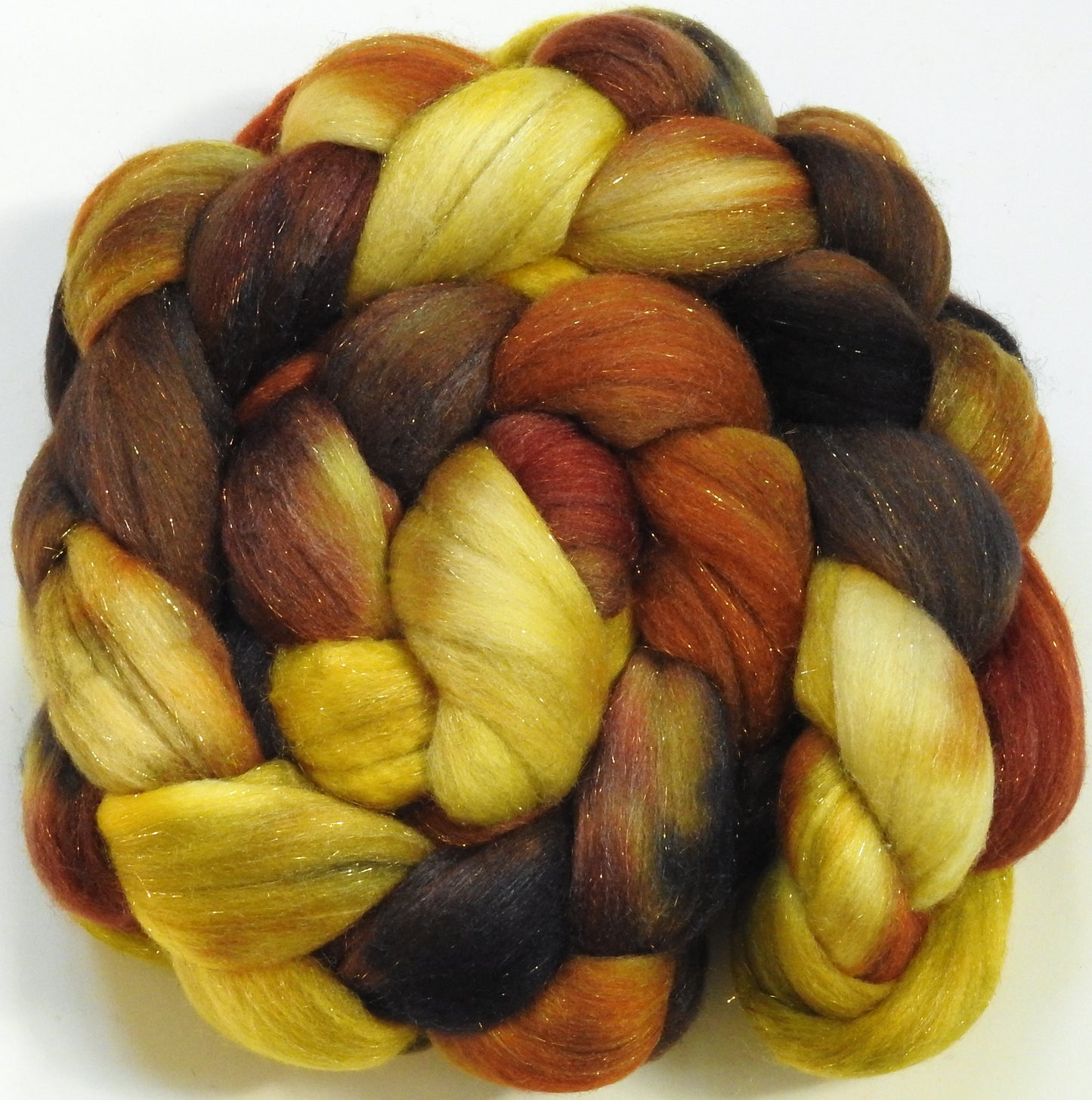 Beechnut-(5.6 oz)  Batt in a Braid #58-Superfine Merino/ Tussah silk/ Gold Stellina(65/25/10)