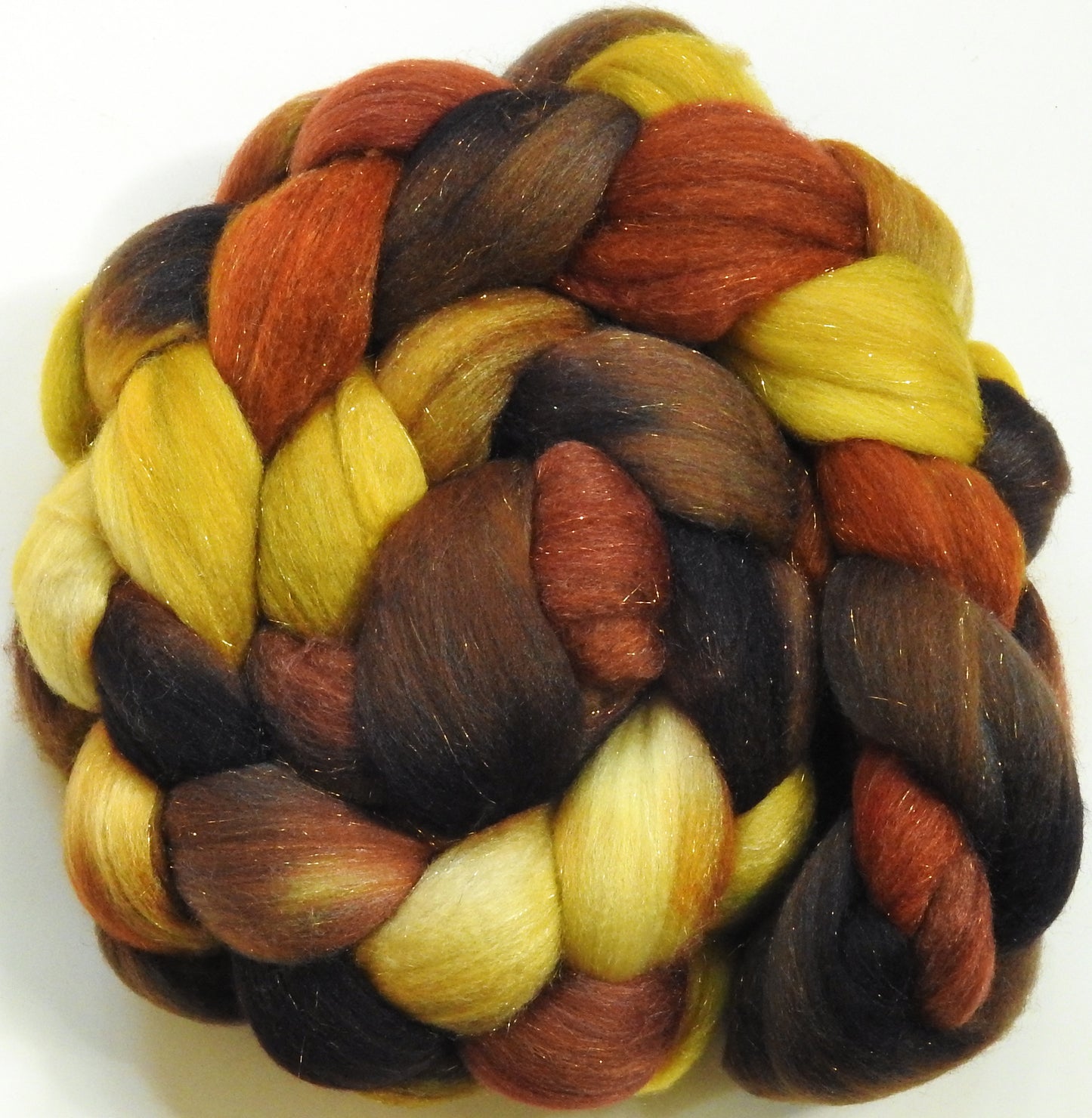 Beechnut-(5.6 oz)  Batt in a Braid #58-Superfine Merino/ Tussah silk/ Gold Stellina(65/25/10)