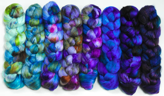 Ode to Hydrangeas - Gradient Braid Set-Fusion Series (11.9 oz)- Batt in a Braid #5 -Merino/ Camel/ silk/ faux cashmere/ firestar (25/25/25/12/12)