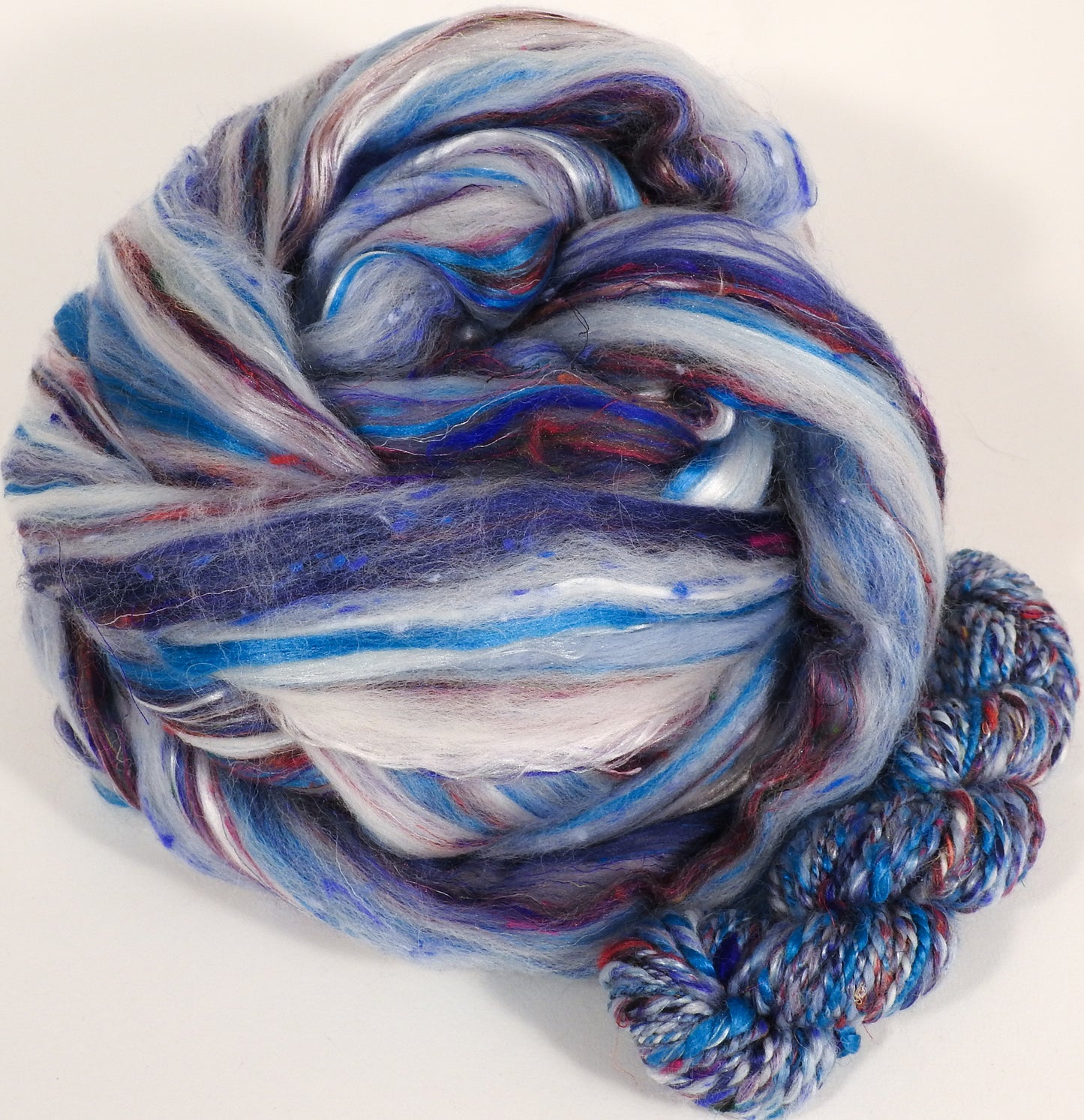 Blue Willow Teacup - Custom Blended Top - Superfine Merino/Mulberry Silk Bamboo/Sari Silk/Tweed Blend (40/25/15/10/10) - Inglenook Fibers