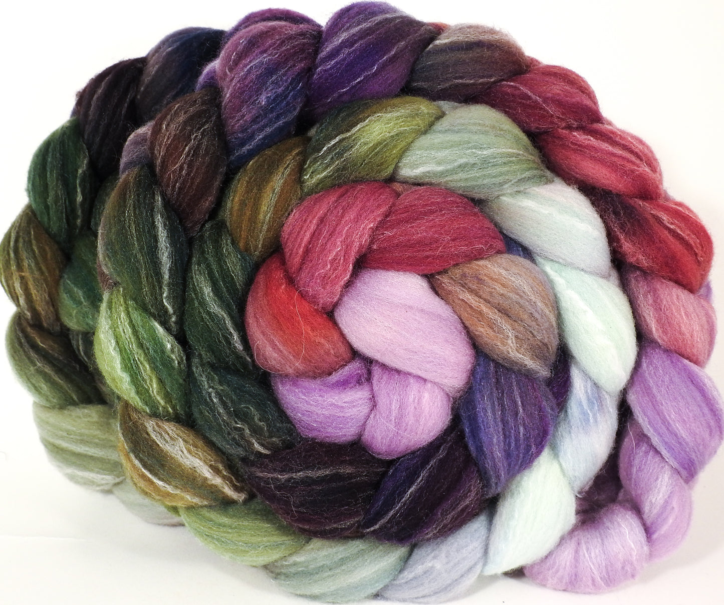 Hand dyed top for spinning -Cabbages & Kings (5.4 oz.) Targhee/silk/ bamboo ( 80/10/10) - Inglenook Fibers
