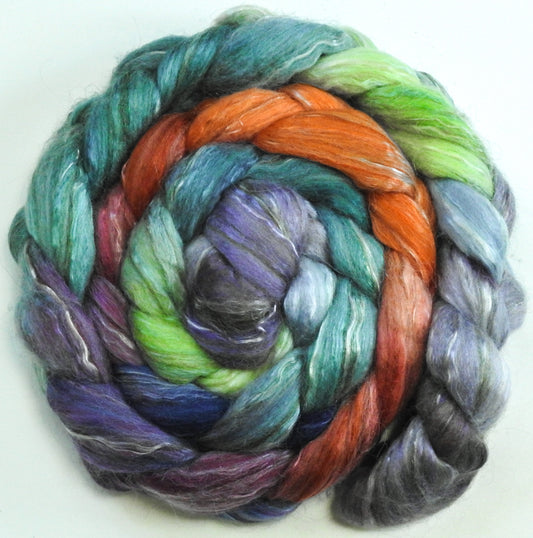 Ruby Throat (6.1 oz.) -Batt in a Braid #31- Polwarth/ Mulberry Silk / Baby Alpaca / Rainbow Firestar/ Tencel( 40/25/15/10/10)