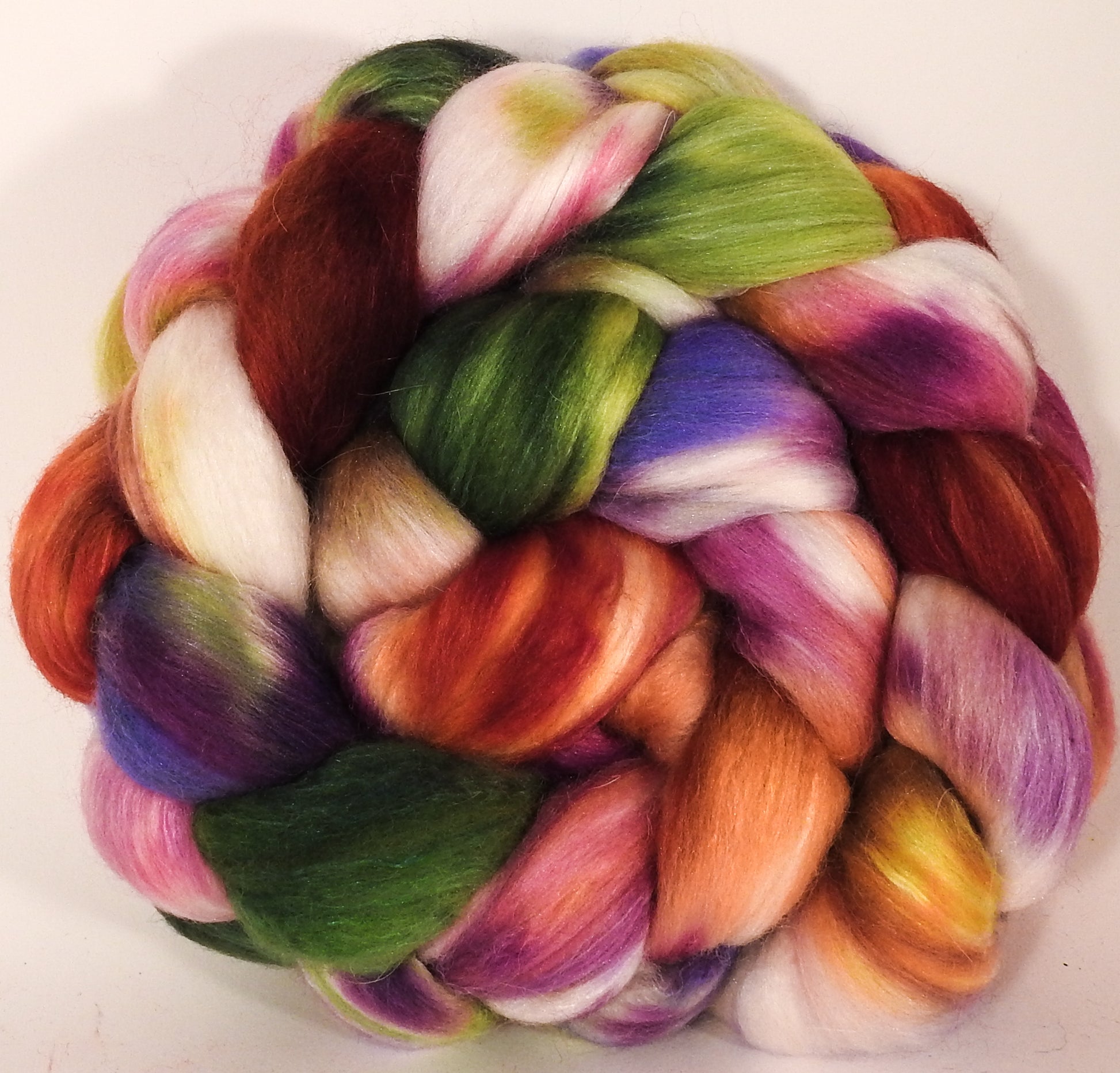 Batt in a Braid #25- Talking Flowers - 6 oz.- De-haired Llama/ Polwarth/ Mulberry Silk (33/33/33 ) - Inglenook Fibers