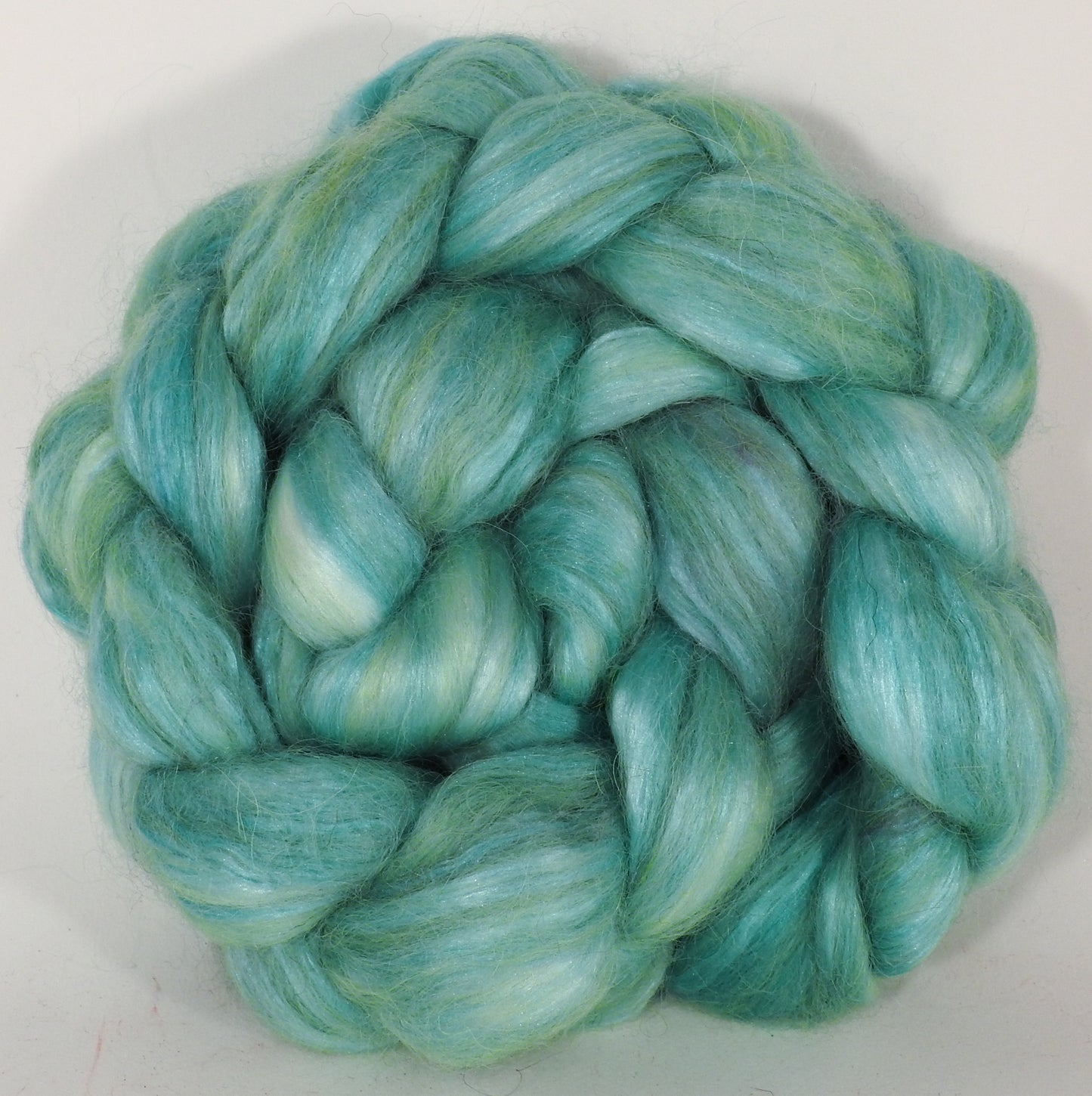 Hand-dyed wensleydale/ mulberry silk roving ( 65/35) -Celadon- ( 5.7 oz.) - Inglenook Fibers