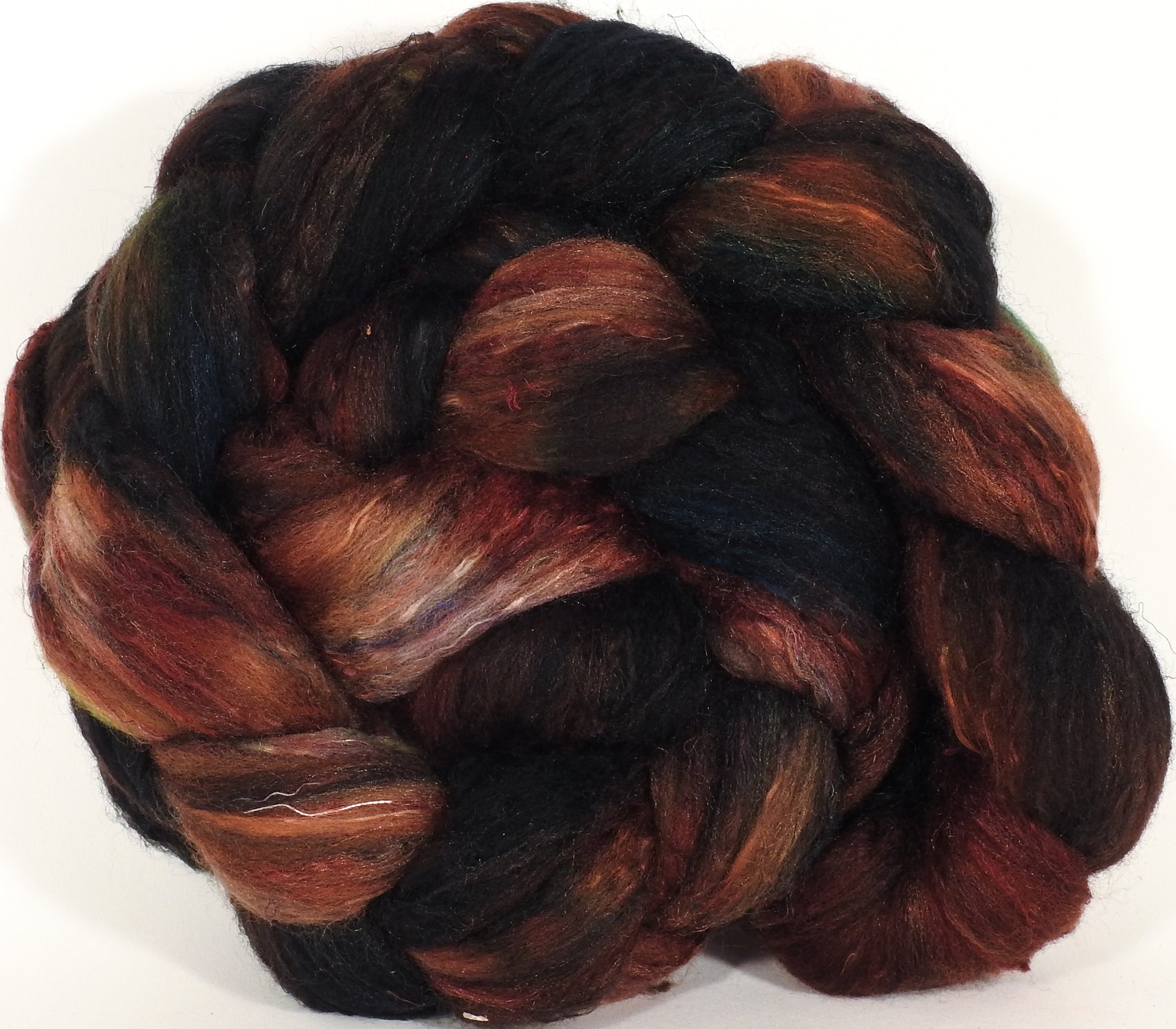 Batt in a Braid #39- SARI-#5 dark -(4.6 oz.) Falkland Merino/ Mulberry Silk / Sari Silk (50/25/25) - Inglenook Fibers