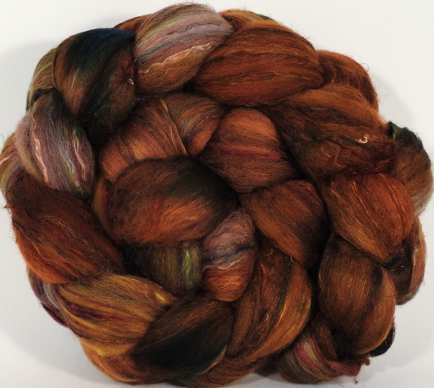 Batt in a Braid #39- SARI-#32 -(4.8 oz.) Falkland Merino/ Mulberry Silk / Sari Silk (50/25/25) - Inglenook Fibers