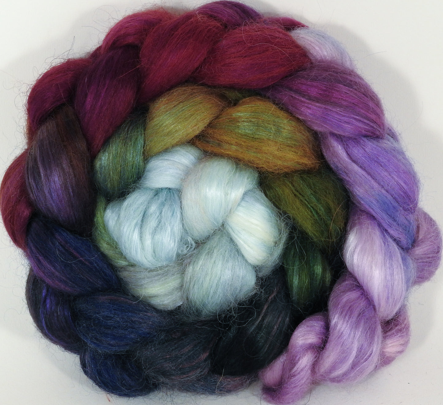 Hand-dyed wensleydale/ mulberry silk roving ( 65/35) - Cabbages & Kings -  (6.3 oz.) - Inglenook Fibers