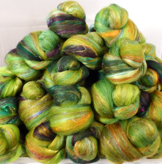 Fiddlehead- Sticklebatts (4.1 oz) - 30% Local Romney fleece; merino, bfl, rambouillet, silk, bamboo, silk noil, angelina - Inglenook Fibers