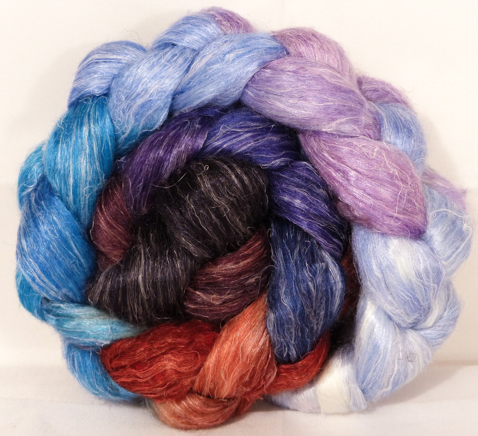Hand dyed Tussah Silk / flax roving -Stellar's Jay-  ( 65/35)-  (4.5 oz.) - Inglenook Fibers