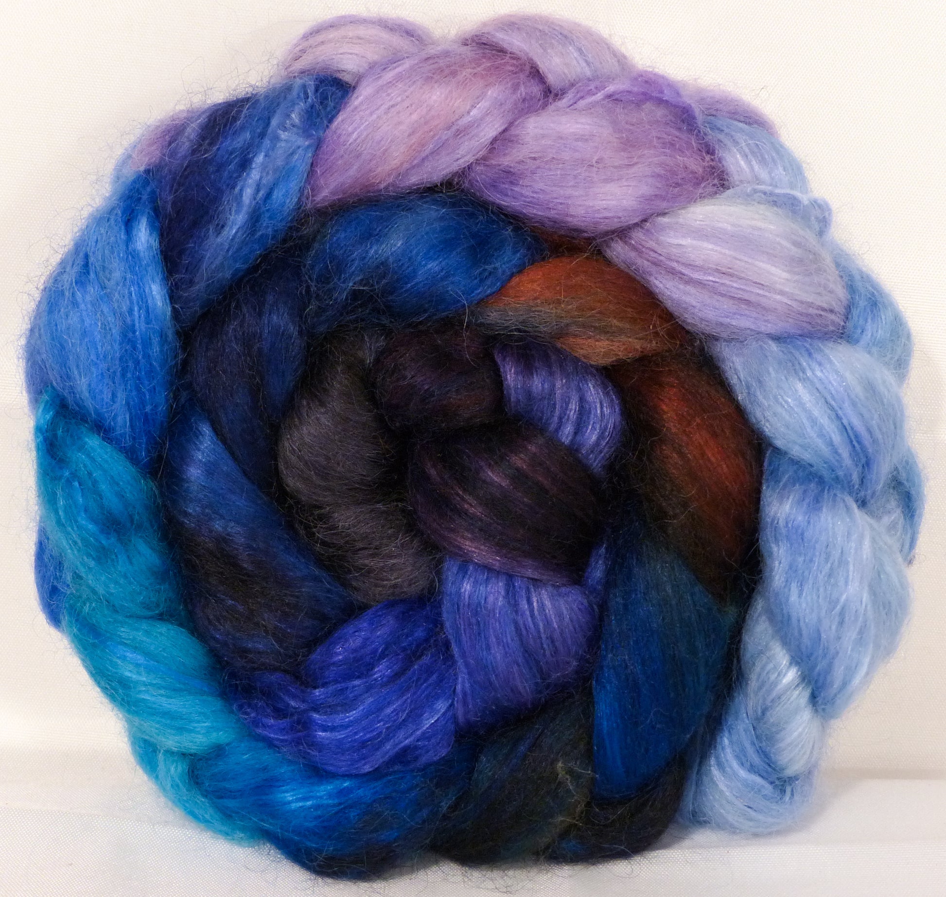 Hand-dyed wensleydale/ mulberry silk roving ( 65/35) -Stellar's Jay- ( 5.4 oz.) - Inglenook Fibers