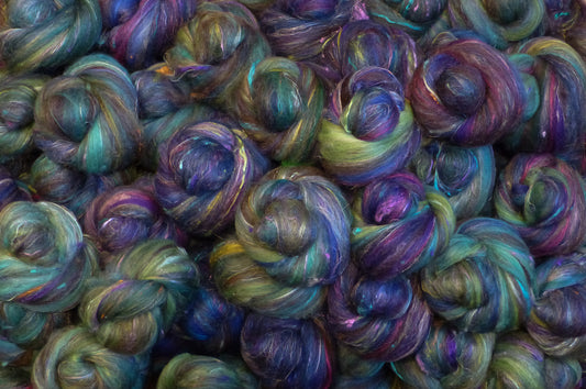 Waterlilies-Dark  - Sticklebatts - 30% CVM/Rambouillet/Cotswold x fleece, merino, shetland, rambouillet, silk, bamboo, silk noil, FLAX, (angelina in sparkle batts) - Inglenook Fibers