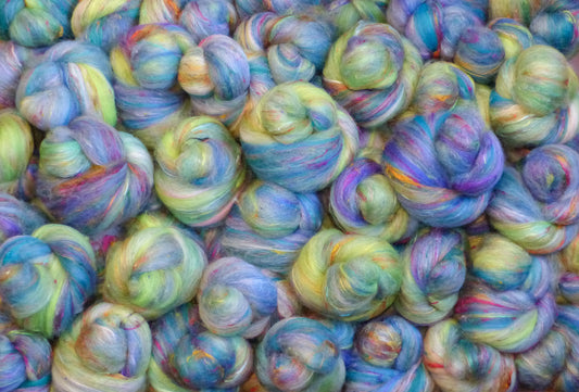 Waterlilies-Light  - Sticklebatts - 30% CVM/Rambouillet/Finn/Cotswold x fleece; merino, rambouillet, silk, bamboo, sari silk, silk noil, (angelina in sparkle batts) - Inglenook Fibers