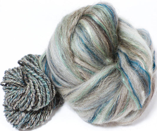 Nickel  -( 4 oz.)  Custom blended top - Bfl / Shetland/ Mulberry Silk/ Flax ( 35/25/25/15) - Inglenook Fibers